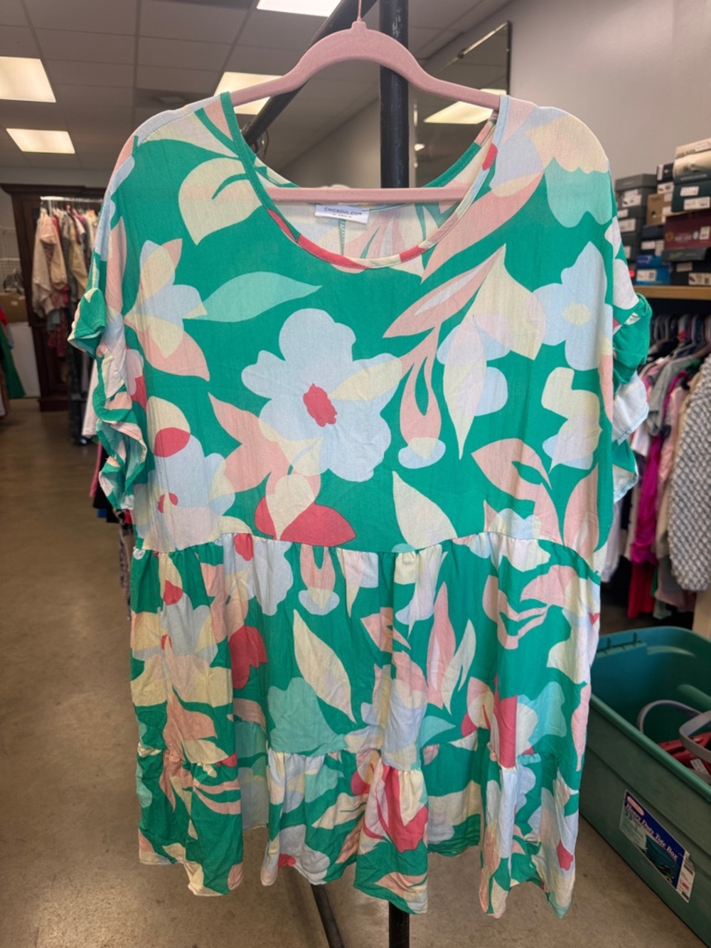 Floral Tiered Short-Sleeve Blouse in Green